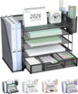 WALI Desk File Organizer, 4 Tier Desktop Paper Letter Tray Organizer with Drawer and 2 Pen Holders, Office Desk Accessories & Workspace Organizers for Office, Home Supplies(DO005DH-B), 1 Pack, Black