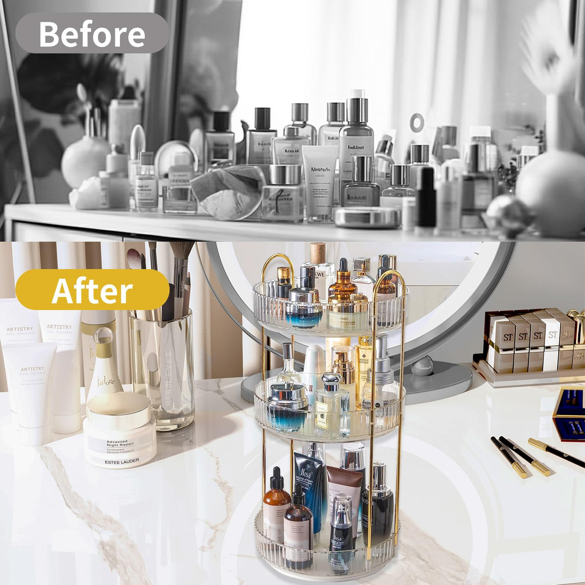 Asayuee 360 Rotating Makeup Organizer for Vanity,2 Tier Large Capacity Skincare Organizers,Bathroom Counter Organizer, Spinning Perfume Organizer & Vanity Organizer (Green-2 Tier)