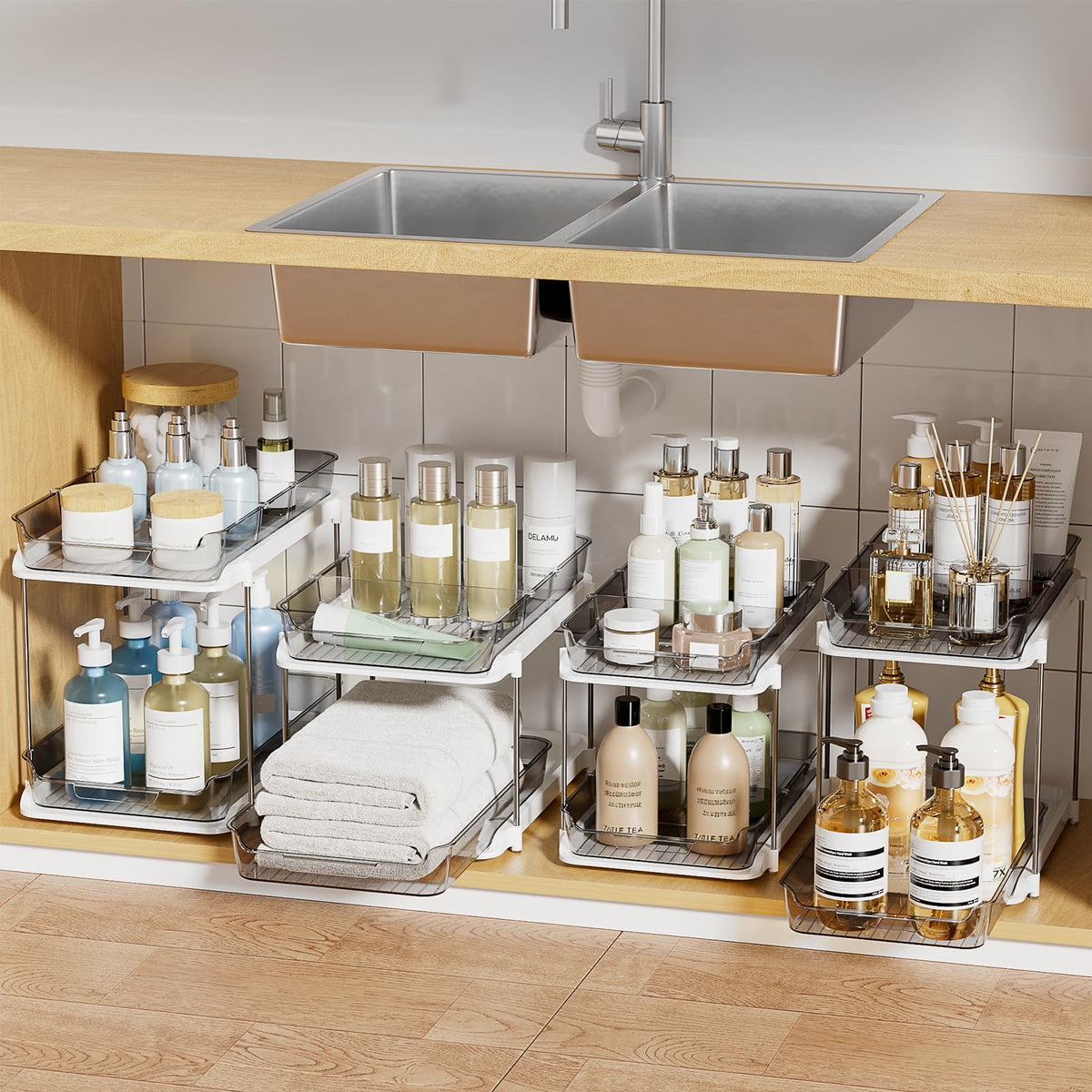 Delamu 2-Tier Multi-Purpose Bathroom Under Sink Organizers and Storage, Stackable Kitchen Pantry Organization, Pull Out Medicine Cabinet Organizer with Movable Dividers, White, 2 Pack