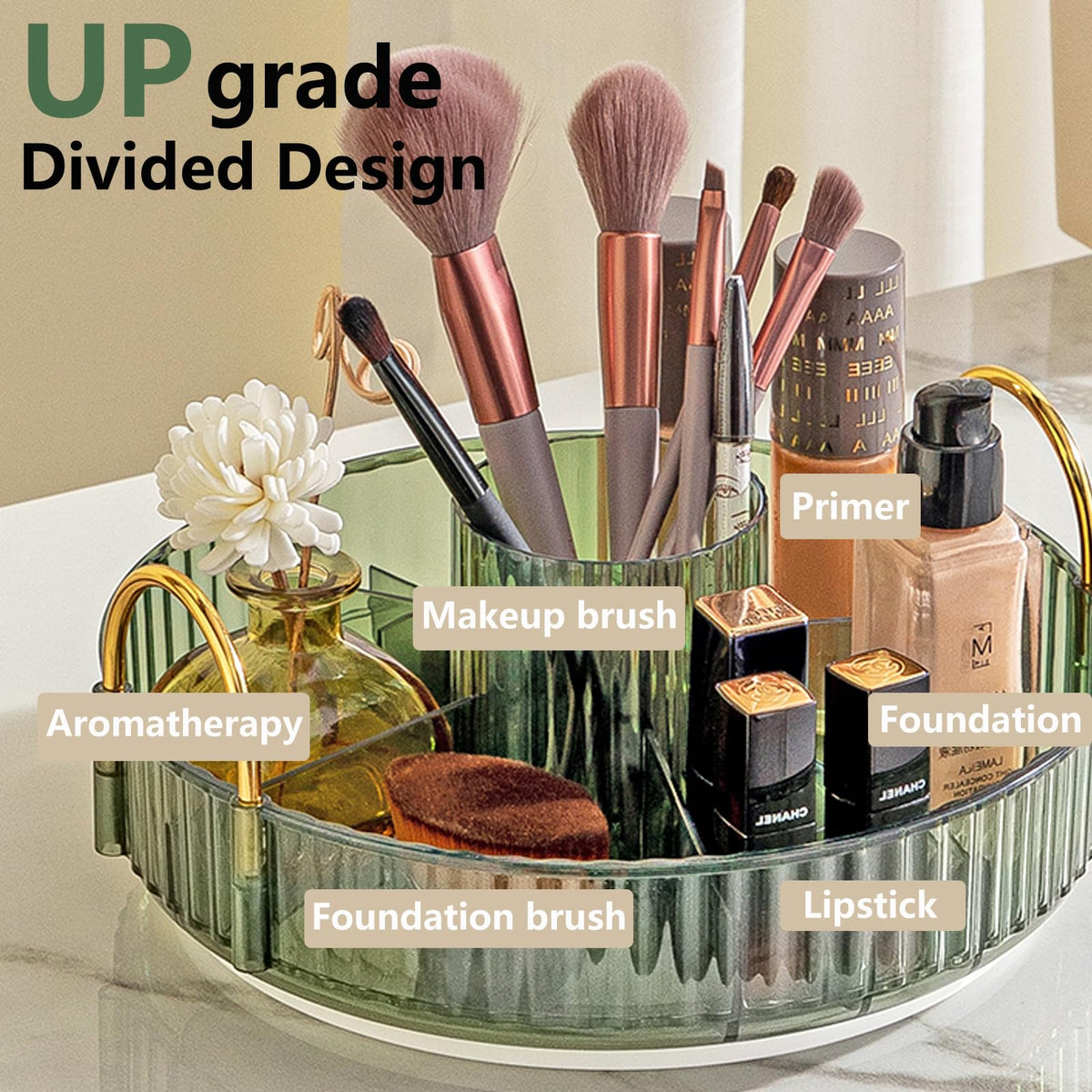 Asayuee 360 Rotating Makeup Organizer for Vanity,2 Tier Large Capacity Skincare Organizers,Bathroom Counter Organizer, Spinning Perfume Organizer & Vanity Organizer (Green-2 Tier)