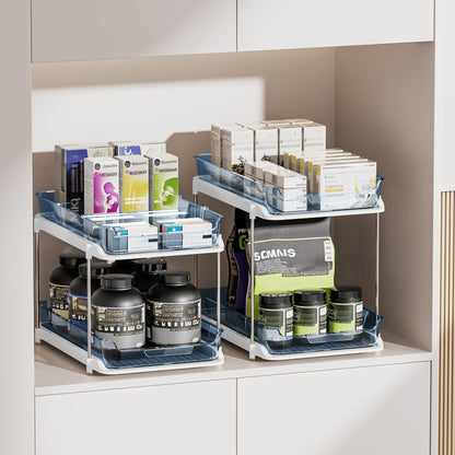 Delamu 2-Tier Multi-Purpose Bathroom Under Sink Organizers and Storage, Stackable Kitchen Pantry Organization, Pull Out Medicine Cabinet Organizer with Movable Dividers, White, 2 Pack
