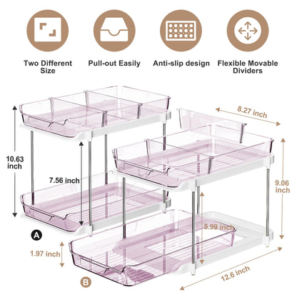 Delamu 2-Tier Multi-Purpose Bathroom Under Sink Organizers and Storage, Stackable Kitchen Pantry Organization, Pull Out Medicine Cabinet Organizer with Movable Dividers, White, 2 Pack