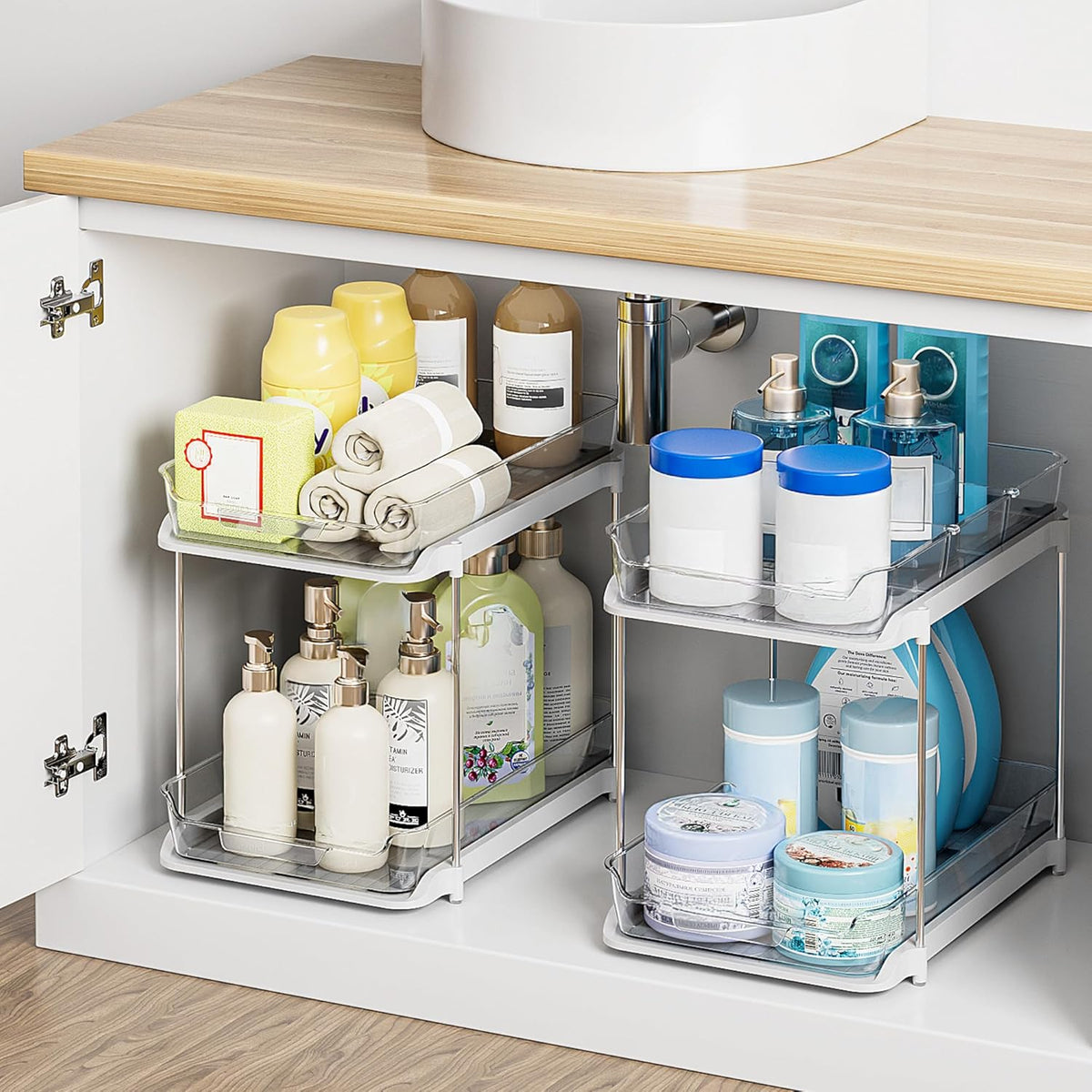 Delamu 2-Tier Multi-Purpose Bathroom Under Sink Organizers and Storage, Stackable Kitchen Pantry Organization, Pull Out Medicine Cabinet Organizer with Movable Dividers, White, 2 Pack