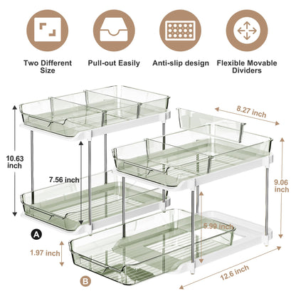 Delamu 2-Tier Multi-Purpose Bathroom Under Sink Organizers and Storage, Stackable Kitchen Pantry Organization, Pull Out Medicine Cabinet Organizer with Movable Dividers, White, 2 Pack