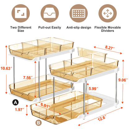 Delamu 2-Tier Multi-Purpose Bathroom Under Sink Organizers and Storage, Stackable Kitchen Pantry Organization, Pull Out Medicine Cabinet Organizer with Movable Dividers, White, 2 Pack