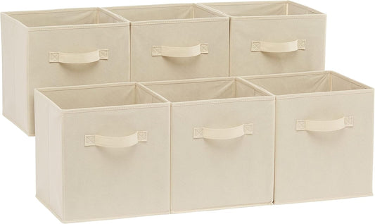 Amazon Basics Collapsible Fabric Storage Cube Bins Organizer with Handles for Organization and Organizing Solution, 13"x13"x13", Beige, 6-Pack