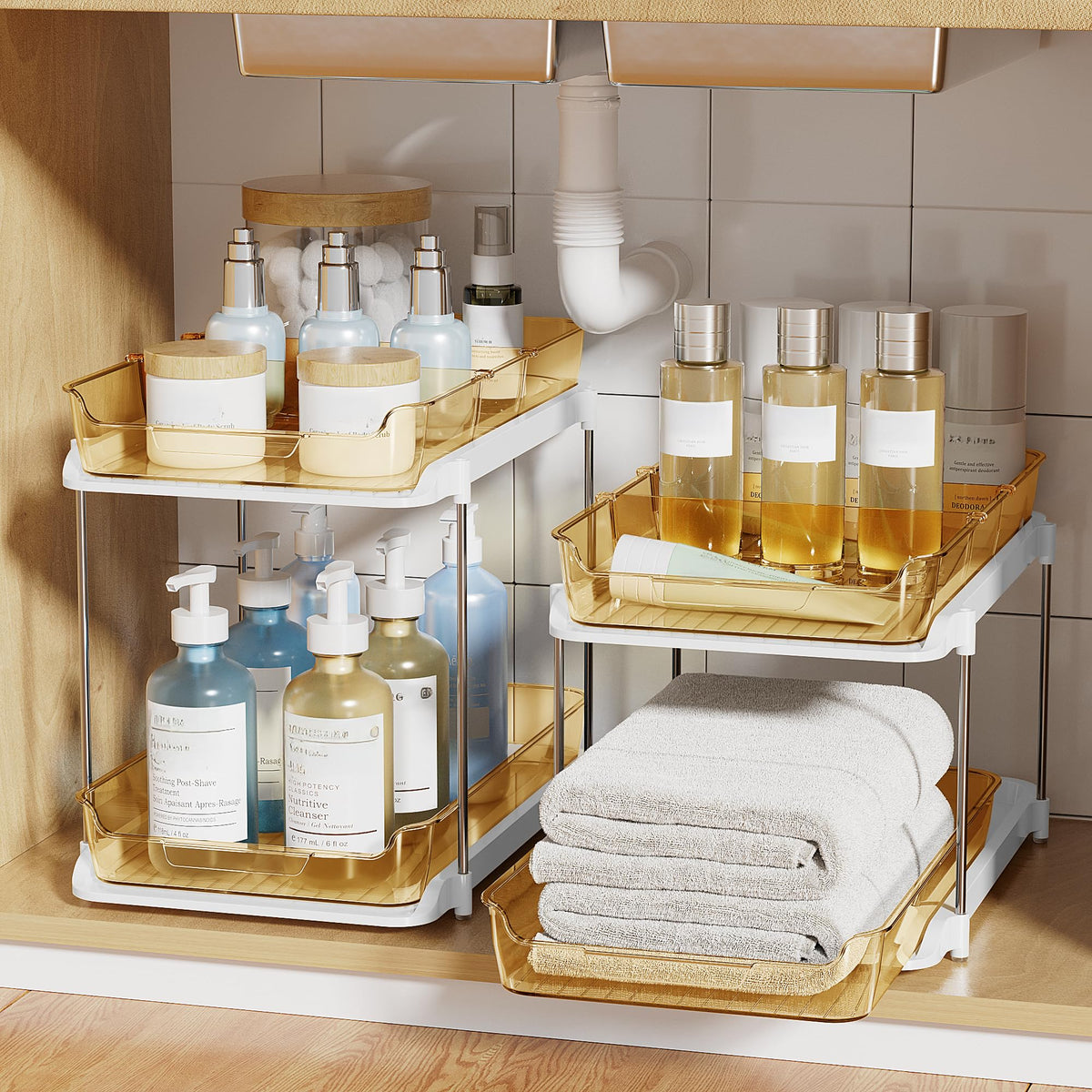 Delamu 2-Tier Multi-Purpose Bathroom Under Sink Organizers and Storage, Stackable Kitchen Pantry Organization, Pull Out Medicine Cabinet Organizer with Movable Dividers, White, 2 Pack