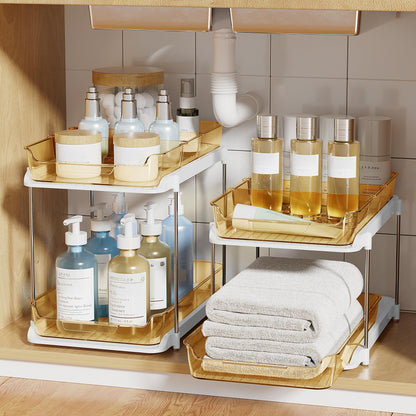 Delamu 2-Tier Multi-Purpose Bathroom Under Sink Organizers and Storage, Stackable Kitchen Pantry Organization, Pull Out Medicine Cabinet Organizer with Movable Dividers, White, 2 Pack