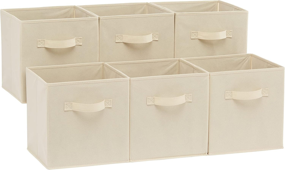 Amazon Basics Collapsible Fabric Storage Cube Bins Organizer with Handles for Organization and Organizing Solution, 13"x13"x13", Beige, 6-Pack