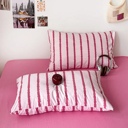 3pcs Simple Pink Striped Duvet Cover Set with 2 Pillowcases Soft Washed Cotton Bedding Set For Girls 150x200cm Bedroom Decor