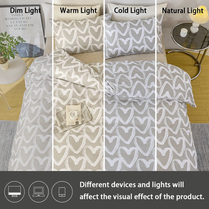 3pcs/set Heart Print Duvet Cover Set - Blue & Gray(1 Duvet Cover & 2 Pillowcase）Soft And Skin-Friendly Duvet Cover Bedding Set
