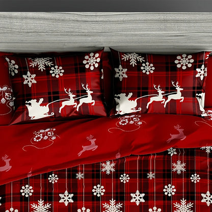 3-Piece Christmas-Themed Duvet Cover Set - Soft, Breathable, and Hypoallergenic Fabric - Checkered Elk Snowflake Print Design, P
