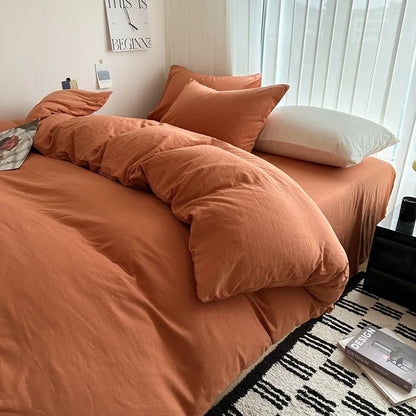 Bed Linen Solid Cotton Bedding Set with Sheet Duvet Cover Pillowcases Single Couple Bedsheet King Queen Double Twin Size