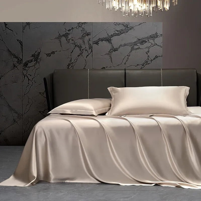 Solid 4pcs Silk Bedding Set with Duvet Cover Fitted/Flat Bed Sheet Pillowcase Bedspreads and Coverlets  Single Double Bedsheet