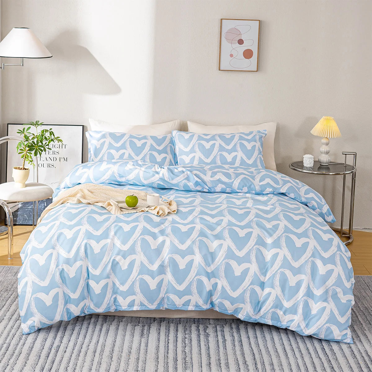 3pcs/set Heart Print Duvet Cover Set - Blue & Gray(1 Duvet Cover & 2 Pillowcase）Soft And Skin-Friendly Duvet Cover Bedding Set