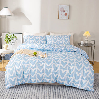 3pcs/set Heart Print Duvet Cover Set - Blue & Gray(1 Duvet Cover & 2 Pillowcase）Soft And Skin-Friendly Duvet Cover Bedding Set