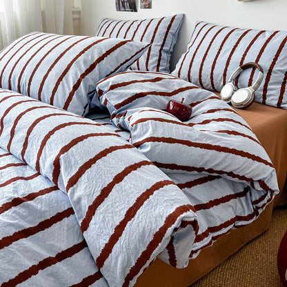 3pcs Simple Pink Striped Duvet Cover Set with 2 Pillowcases Soft Washed Cotton Bedding Set For Girls 150x200cm Bedroom Decor