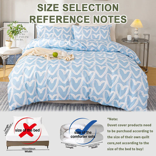 3pcs/set Heart Print Duvet Cover Set - Blue & Gray(1 Duvet Cover & 2 Pillowcase）Soft And Skin-Friendly Duvet Cover Bedding Set