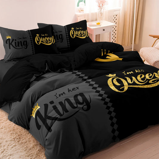 3pcs Fashionable Black Gray Queen & King Crown Printed Bedding Set  Duvet Cover Soft  Comfortable And Breathable, Bedroom, Hotel
