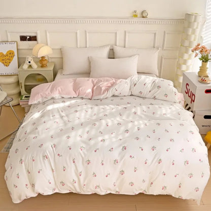 2025 new 3-piece cartoon heart-shaped plant floral print set, a duvet cover and a pair of pillowcases (no padding)