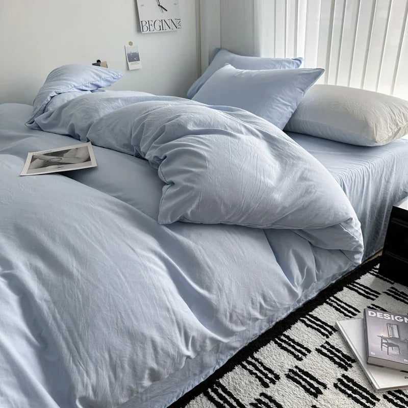 Bed Linen Solid Cotton Bedding Set with Sheet Duvet Cover Pillowcases Single Couple Bedsheet King Queen Double Twin Size