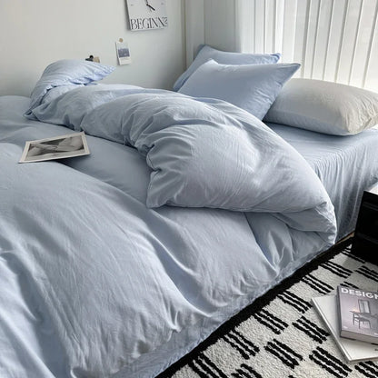 Bed Linen Solid Cotton Bedding Set with Sheet Duvet Cover Pillowcases Single Couple Bedsheet King Queen Double Twin Size