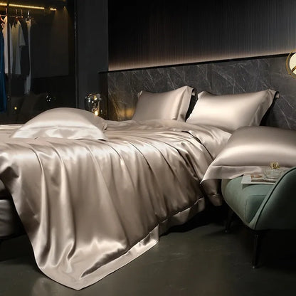 Solid 4pcs Silk Bedding Set with Duvet Cover Fitted/Flat Bed Sheet Pillowcase Bedspreads and Coverlets  Single Double Bedsheet