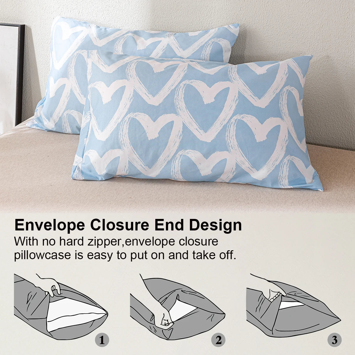 3pcs/set Heart Print Duvet Cover Set - Blue & Gray(1 Duvet Cover & 2 Pillowcase）Soft And Skin-Friendly Duvet Cover Bedding Set