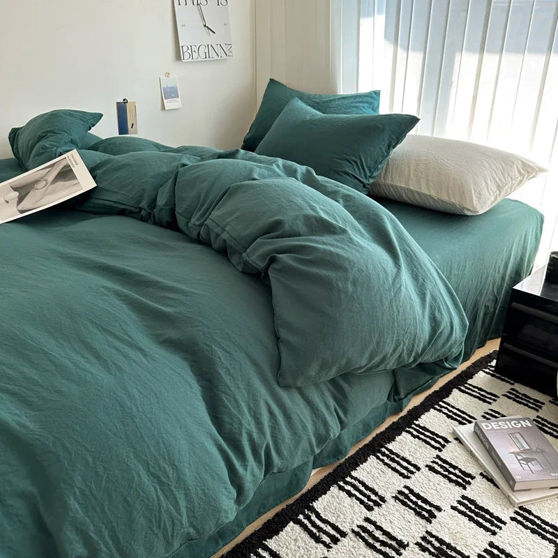 Bed Linen Solid Cotton Bedding Set with Sheet Duvet Cover Pillowcases Single Couple Bedsheet King Queen Double Twin Size
